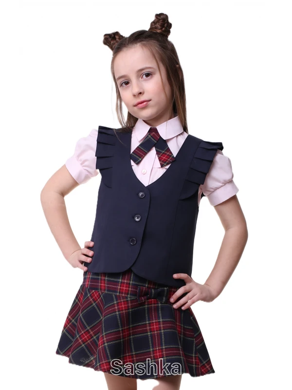 Спідниця для дівчинки Sashka  шкільна з бантом червоно-синя клітинка (напіввовна), розмір 116-146